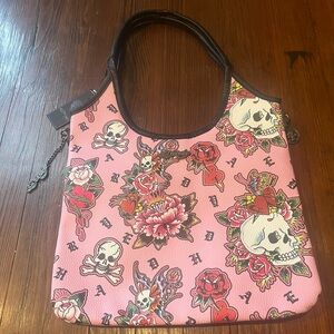 Ed Hardy Pink Floral and Skull Shoulder Bag